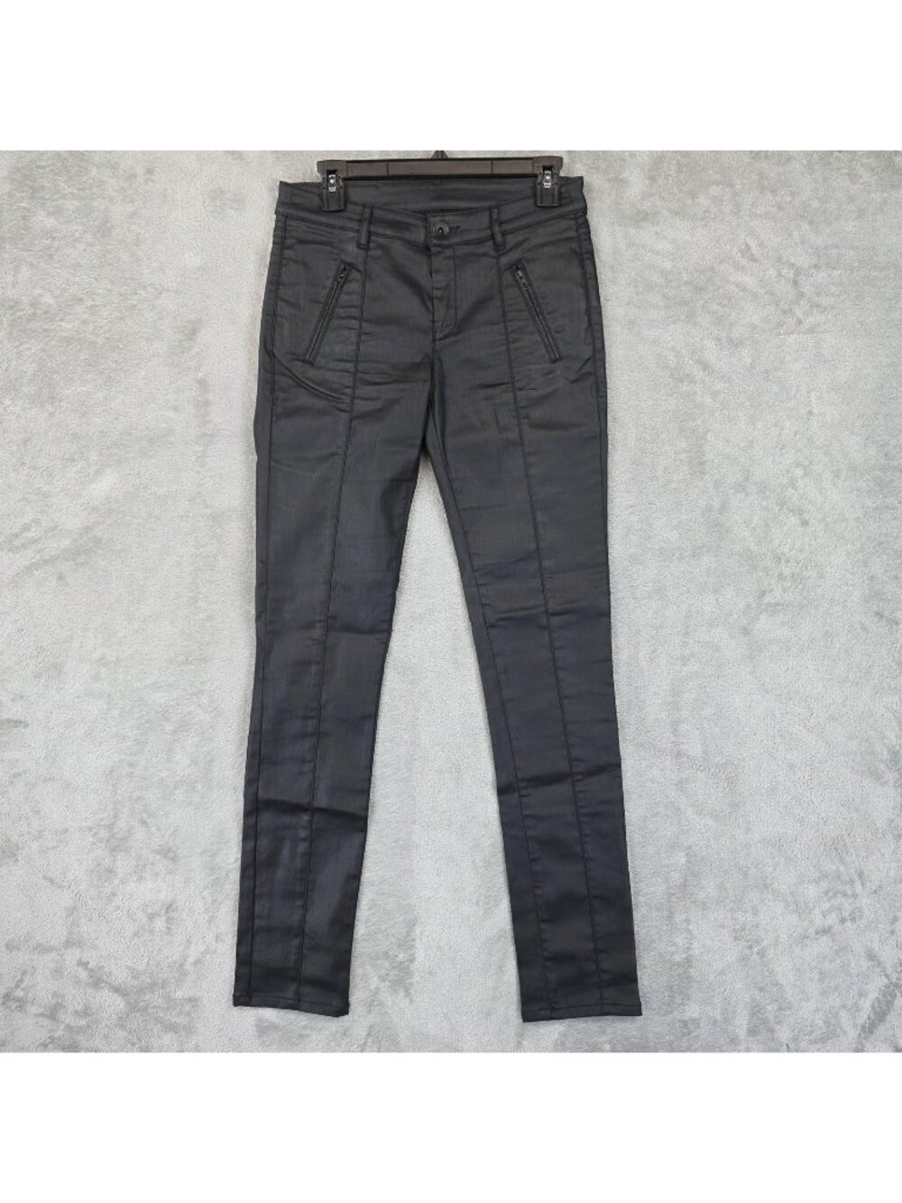 IKKS Skinny Jeans Womens 28 Black Dark Wash Coated Slim Stretch Zip Pockets